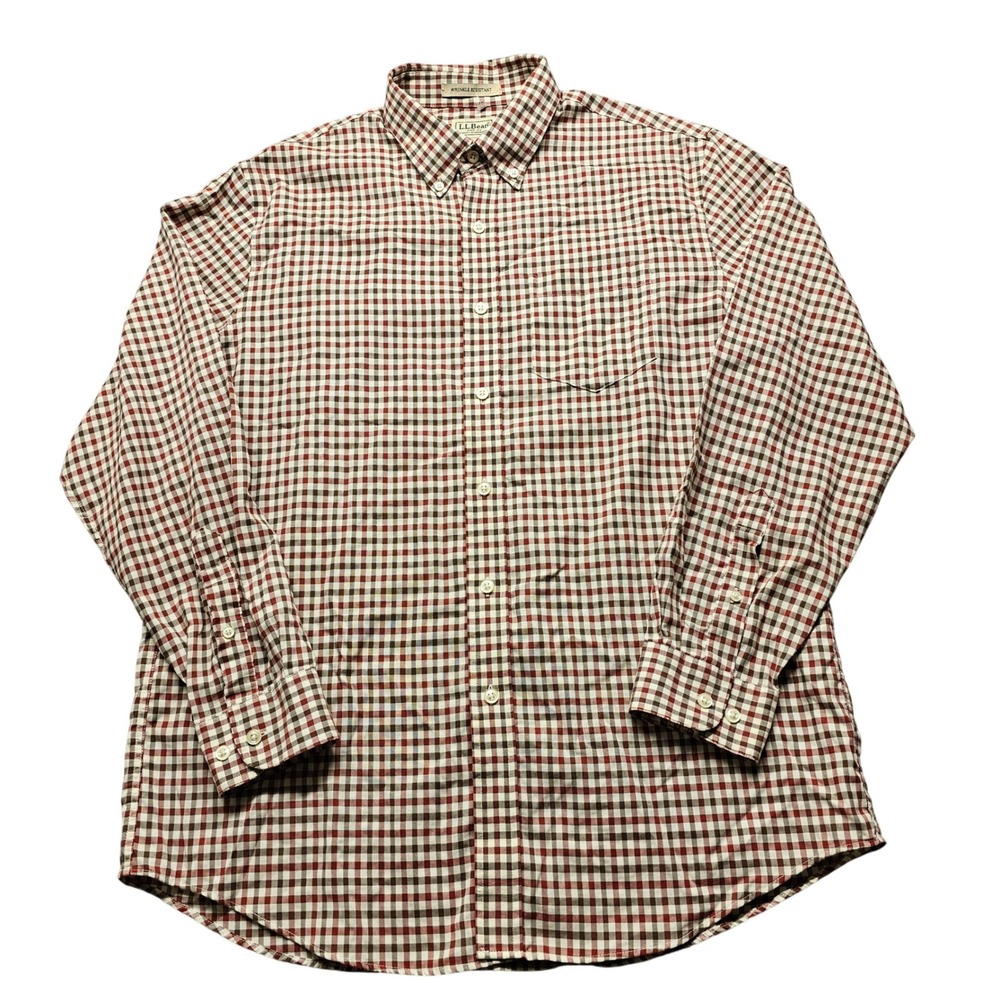 LL Bean Mens Wrinkle Resistant Gingham Button Down Shirt‎ Red Brown Size M-REG